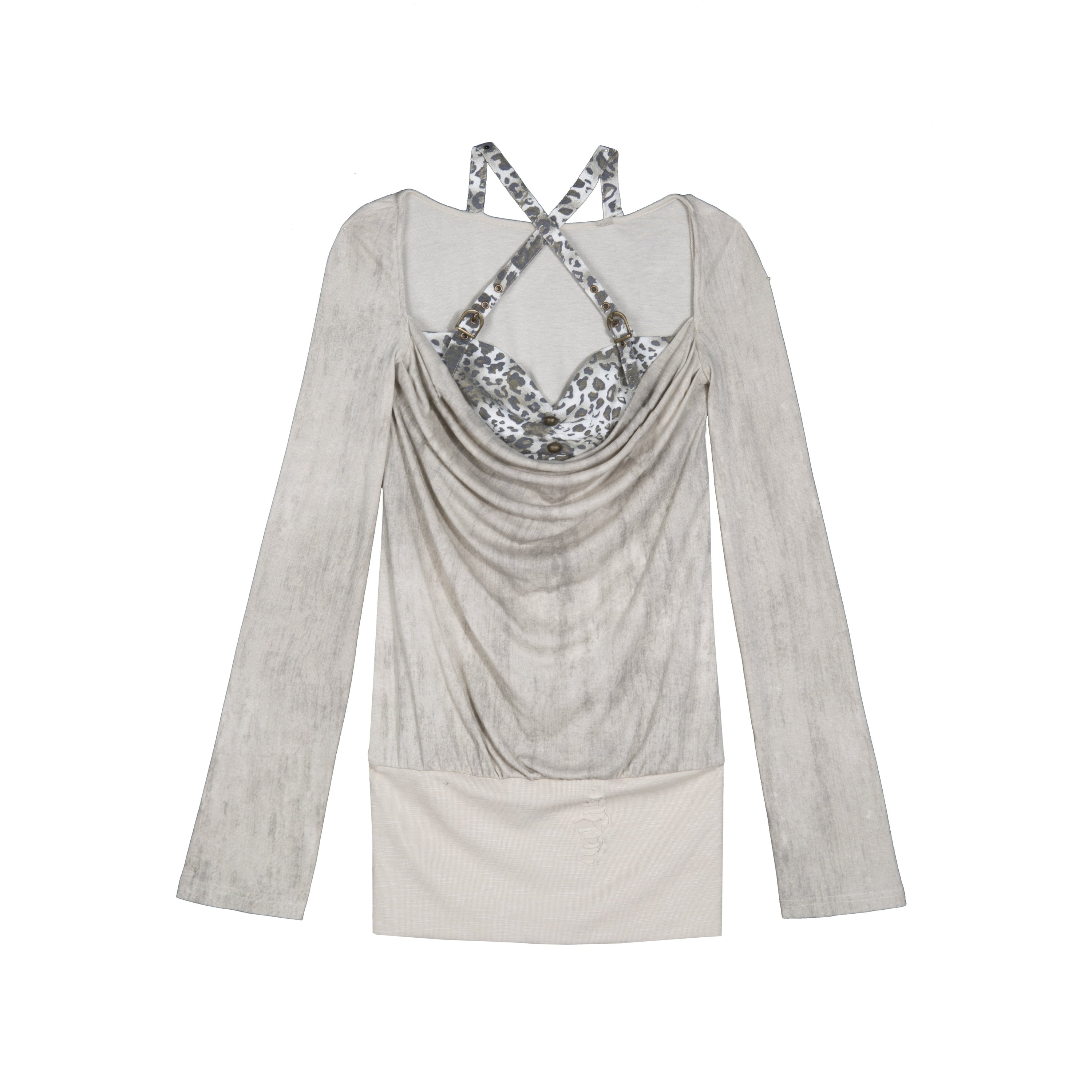 Fake Two-Piece Draped Pleated Mid- Length Slimming Long Sleeve T-Shirts
