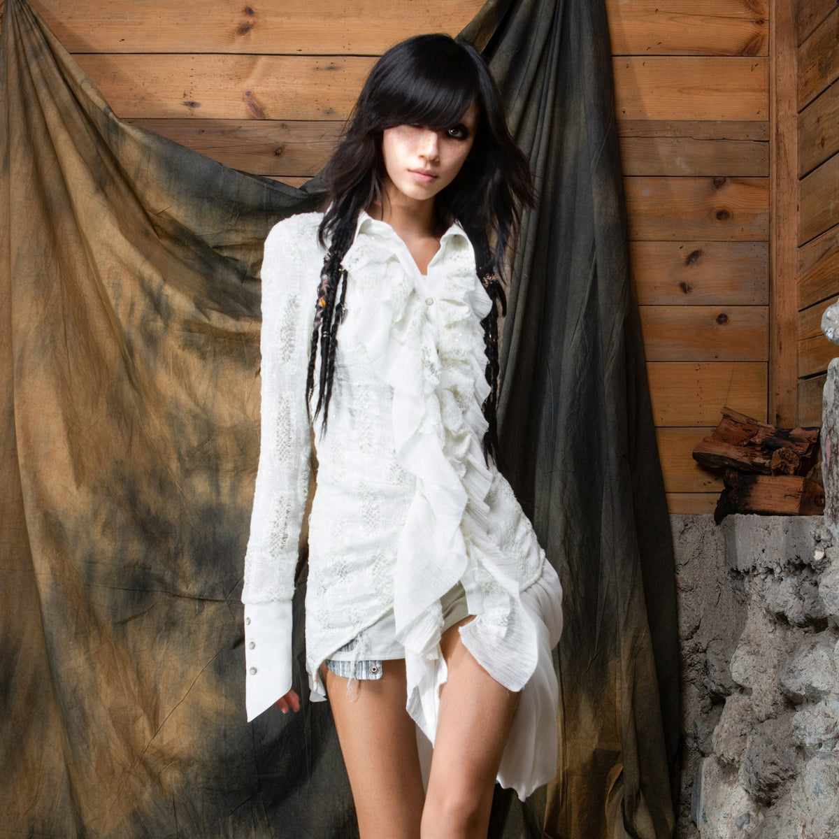 Original Punk Two-Tone Waist-Cinching Ruffle Asymmetric Shirt