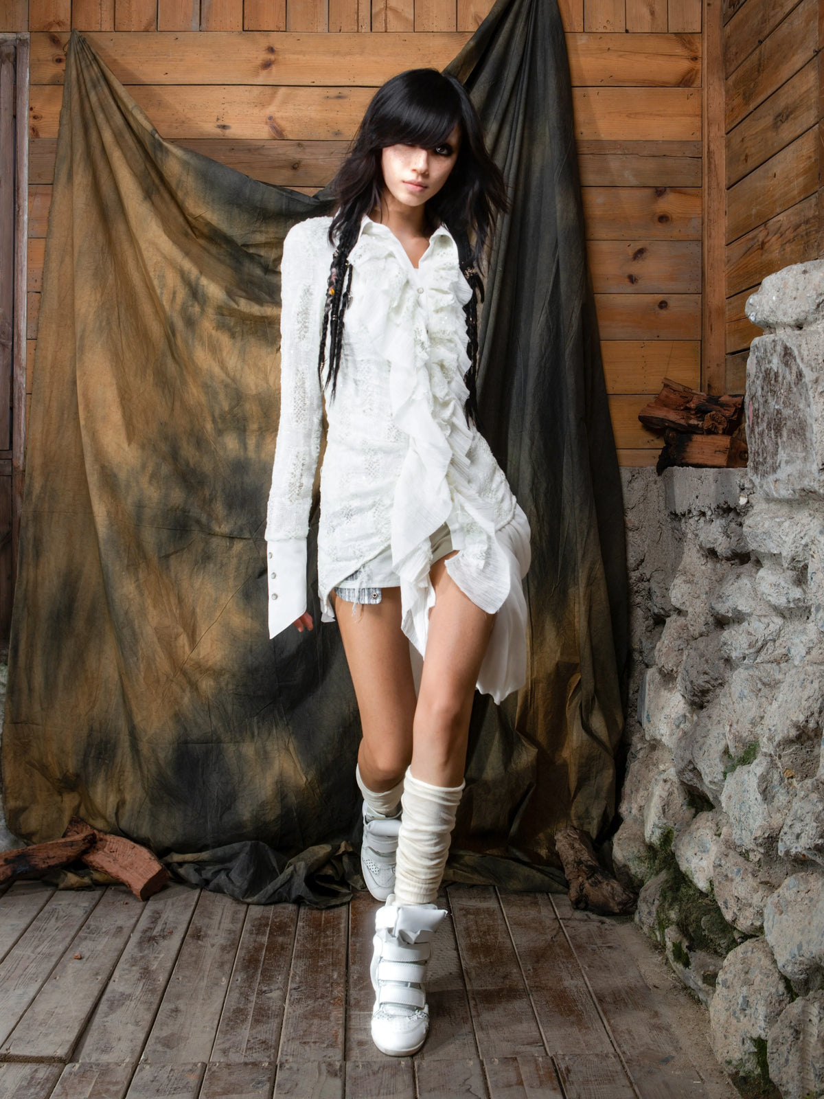 Original Punk Two-Tone Waist-Cinching Ruffle Asymmetric Shirt