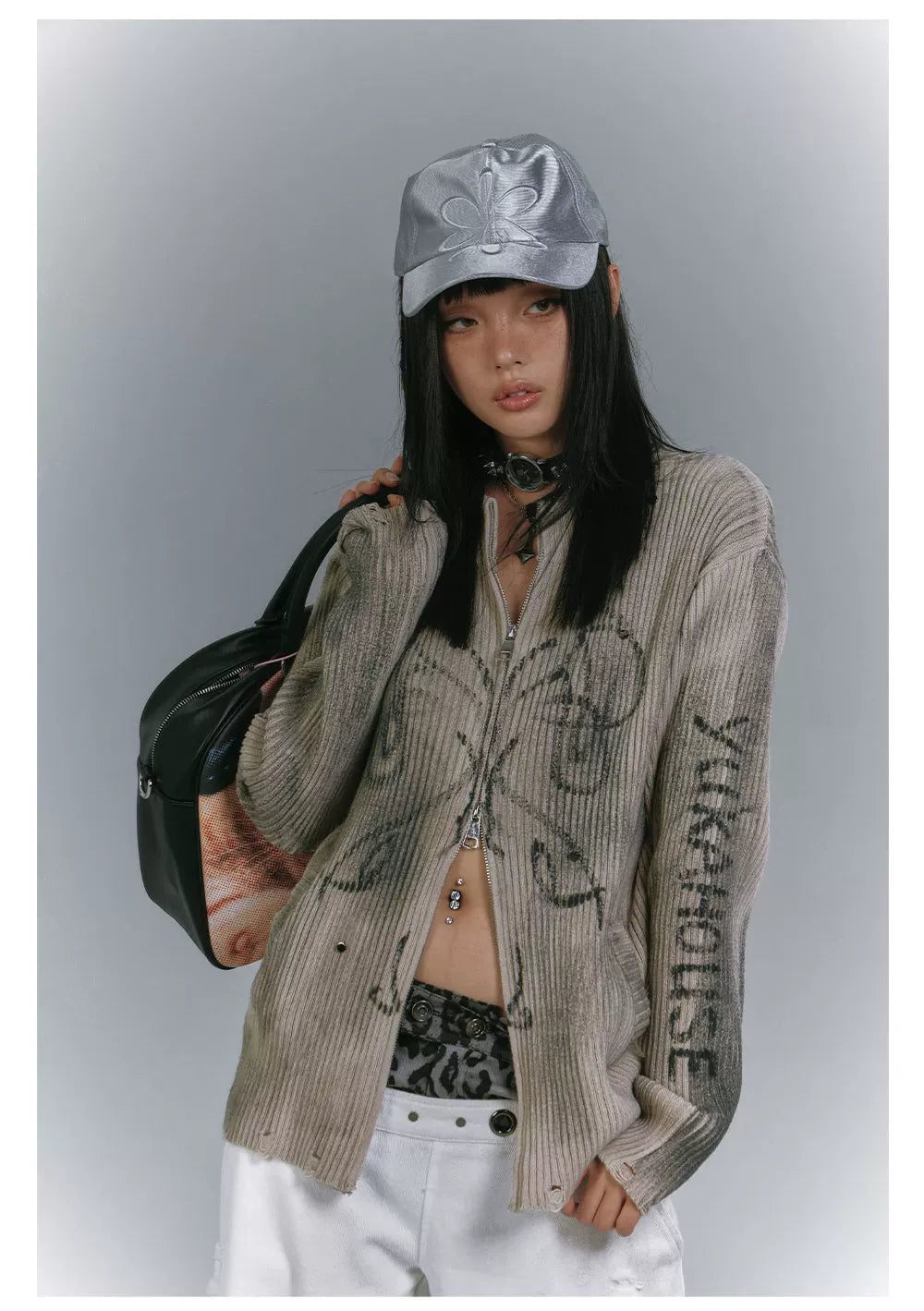 Washed Damage Graffiti Design Oversize Knit Cardigan