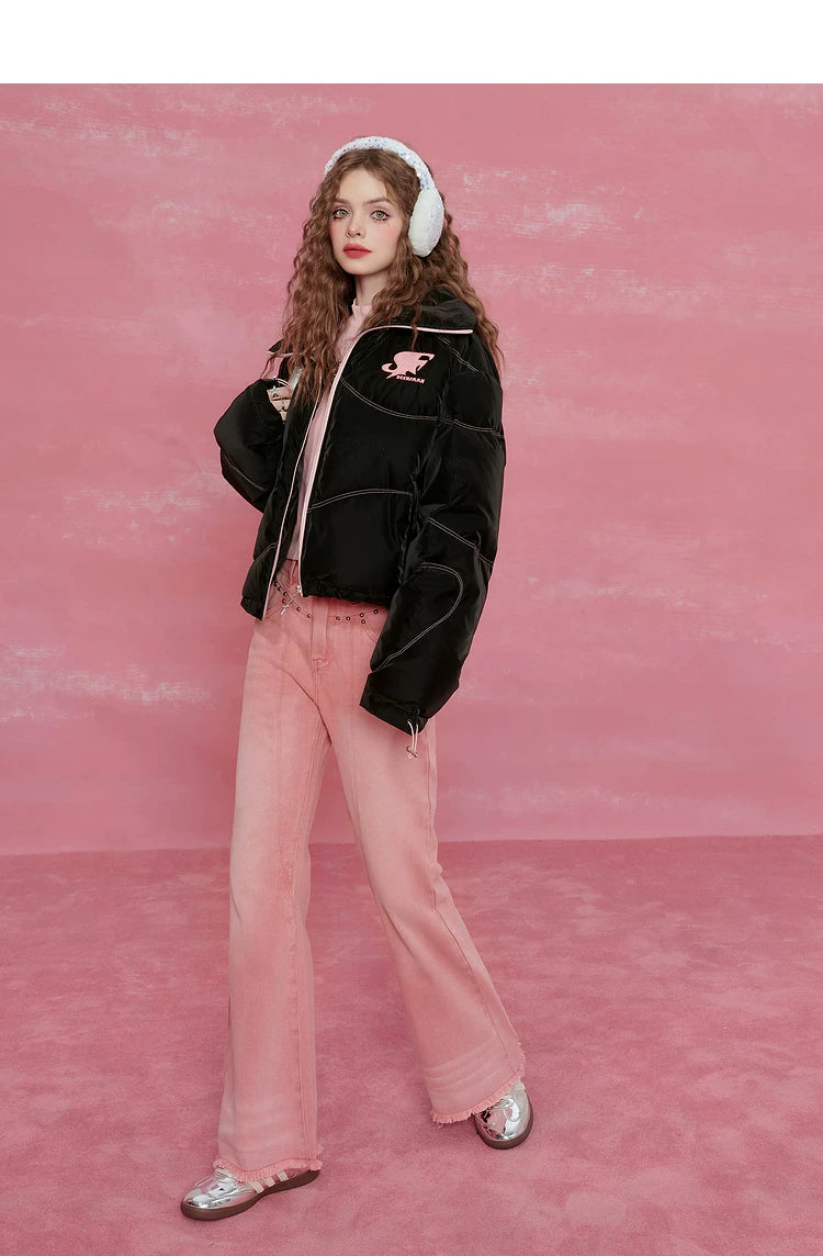 Letter Print High-Neck Short White Duck Down Jacket
