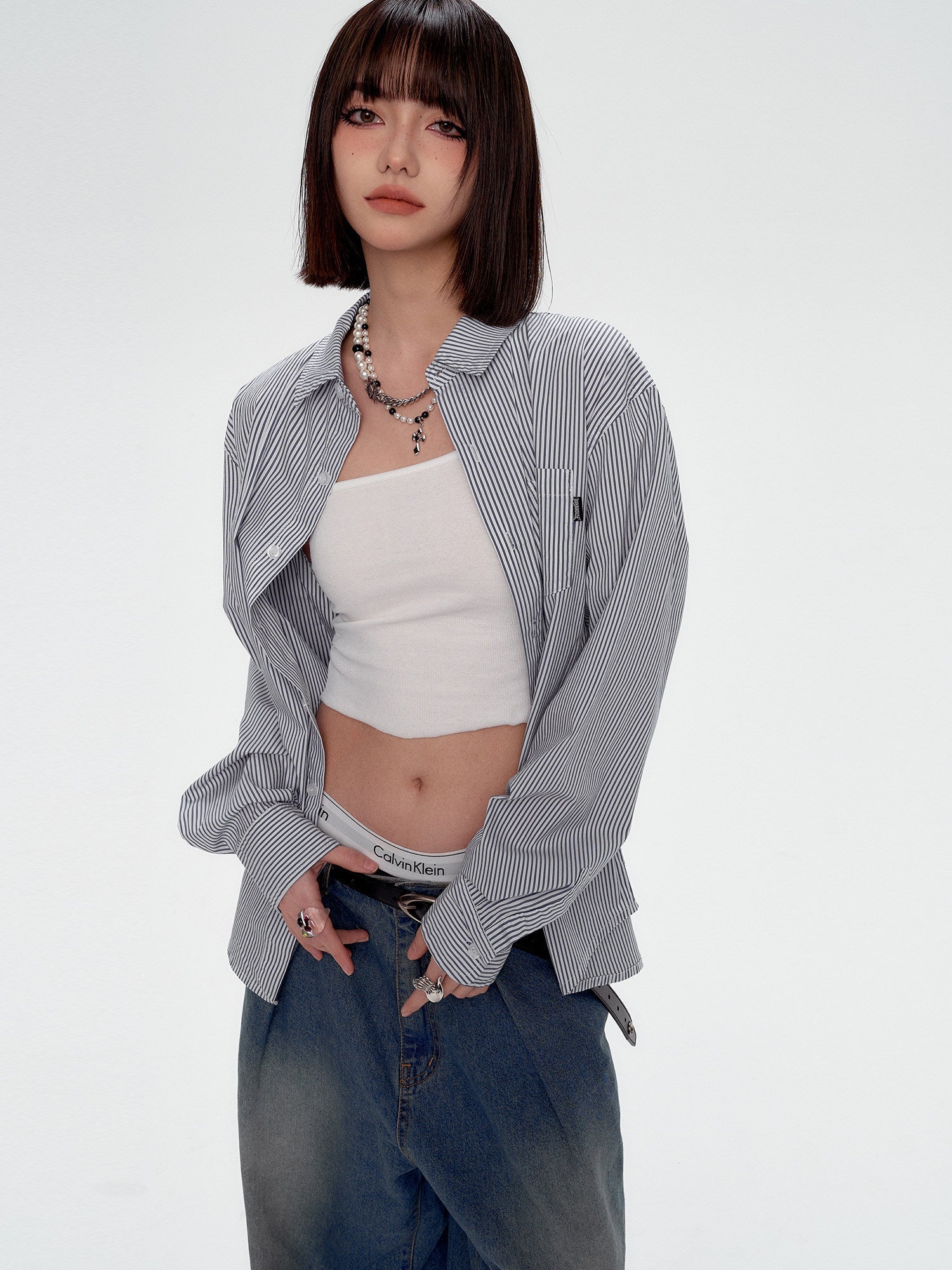 Blue White Stripe Oversize College Long Sleeve Shirt