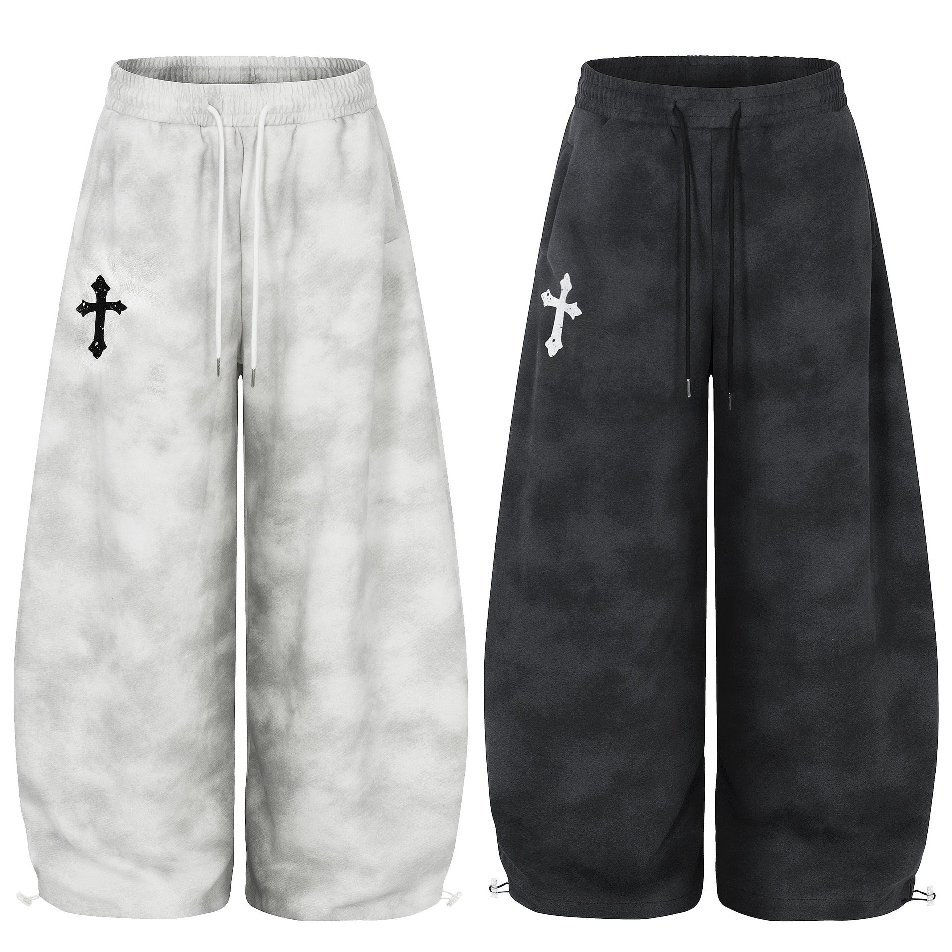 Cloud Washed Cross Embroidery Wide Leg Sweaet Pants