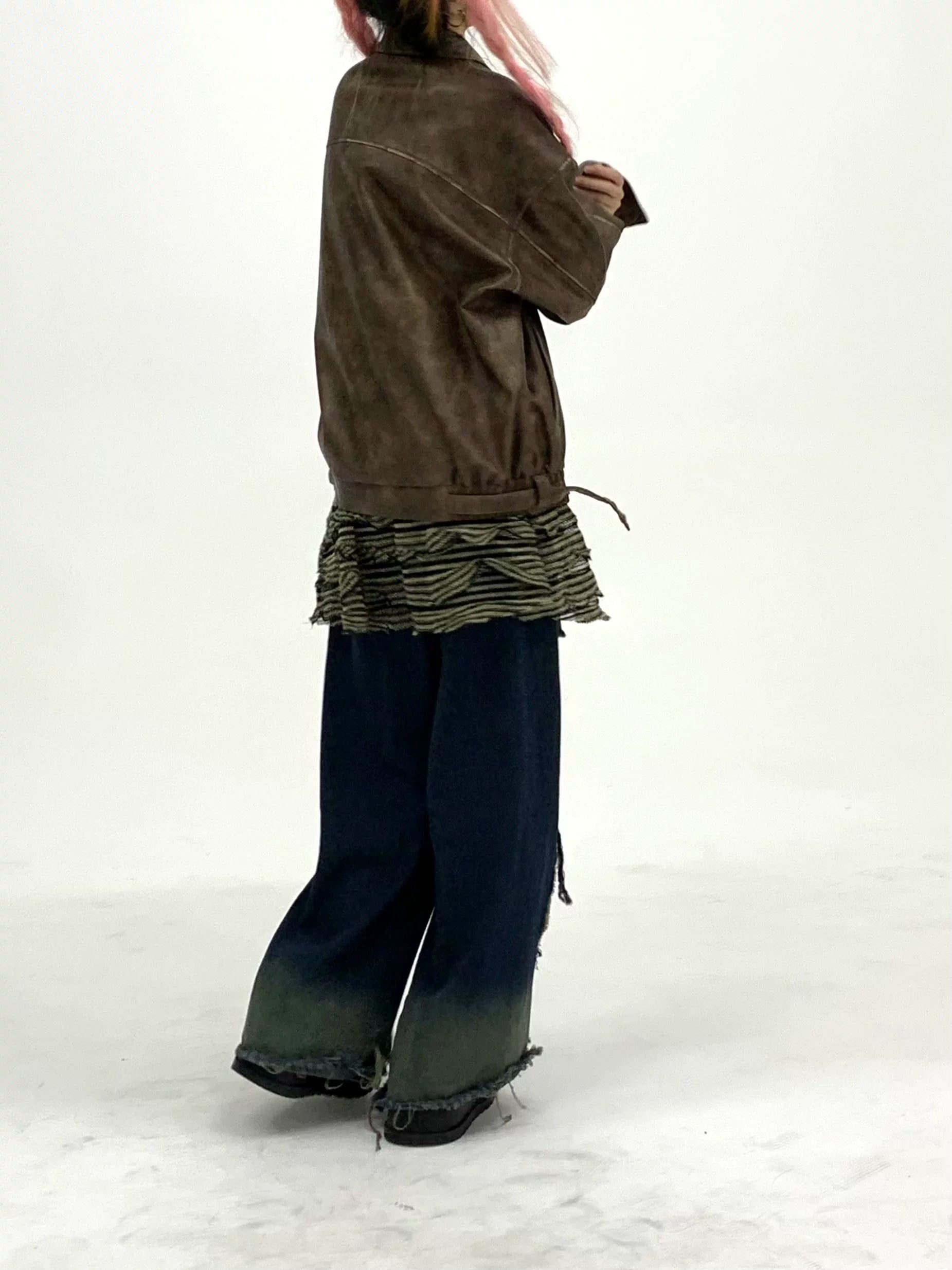 Washed Damage Fray Panel Wide Leg Denim Jeans