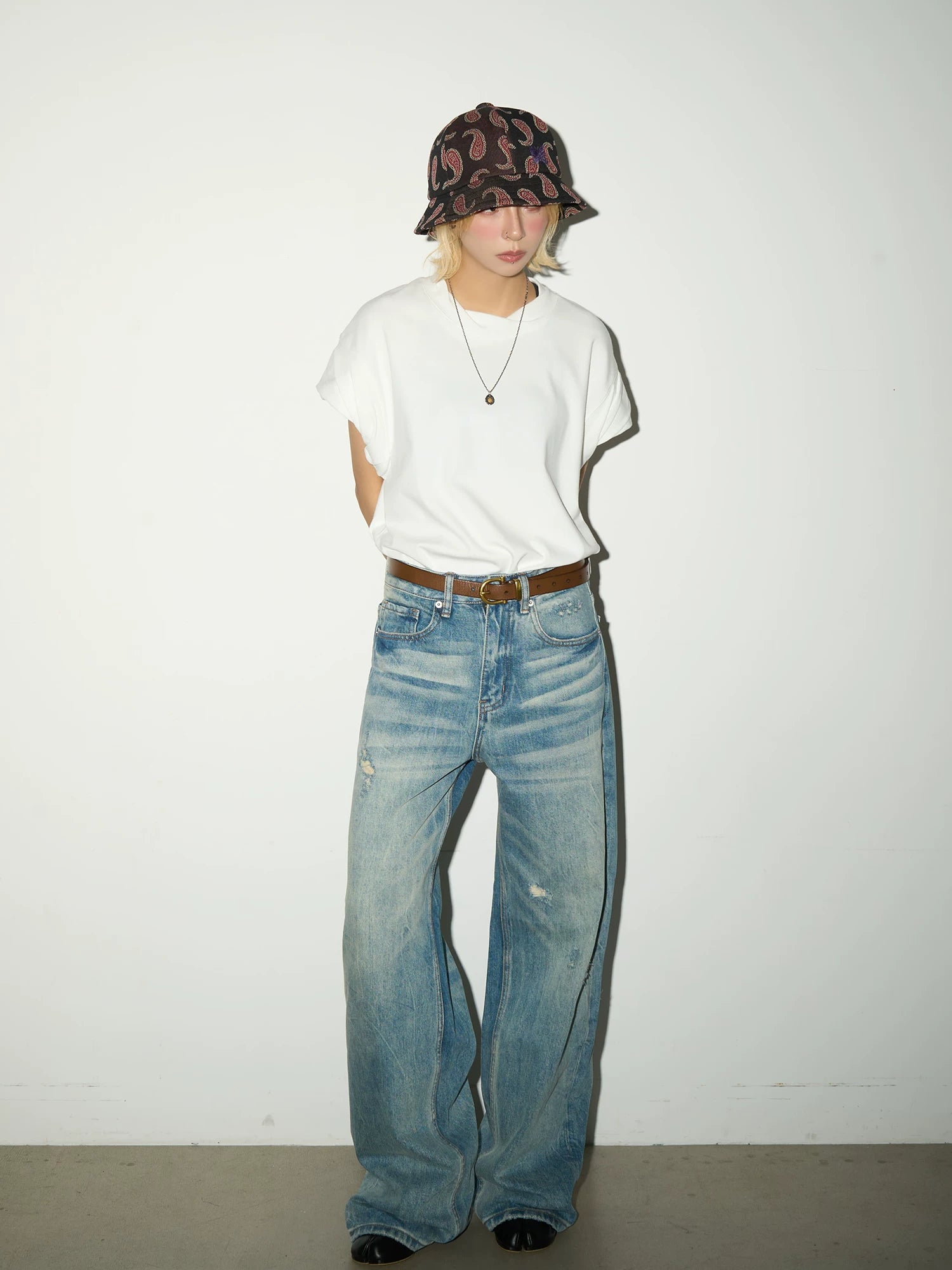 Wash Damage Straight Denim Jeans