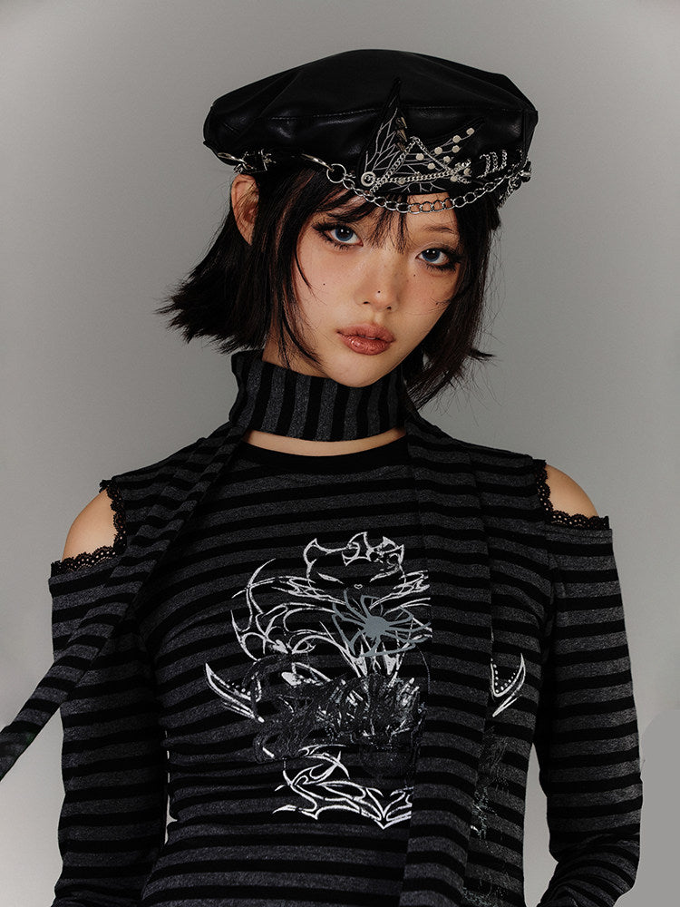 Stripe Graphic Print Cutout High-Neck Long Sleeve T-Shirt & Stripe Star Scarf