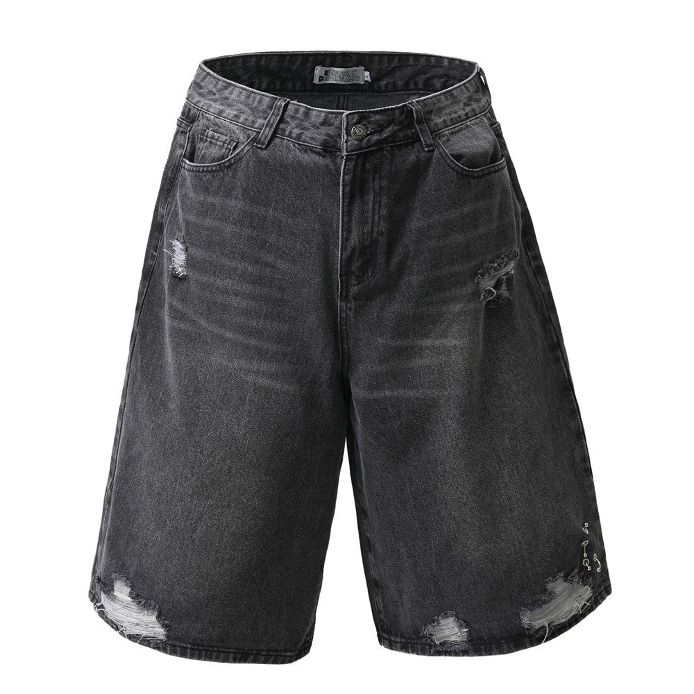 Pierced Distressed Denim Shorts