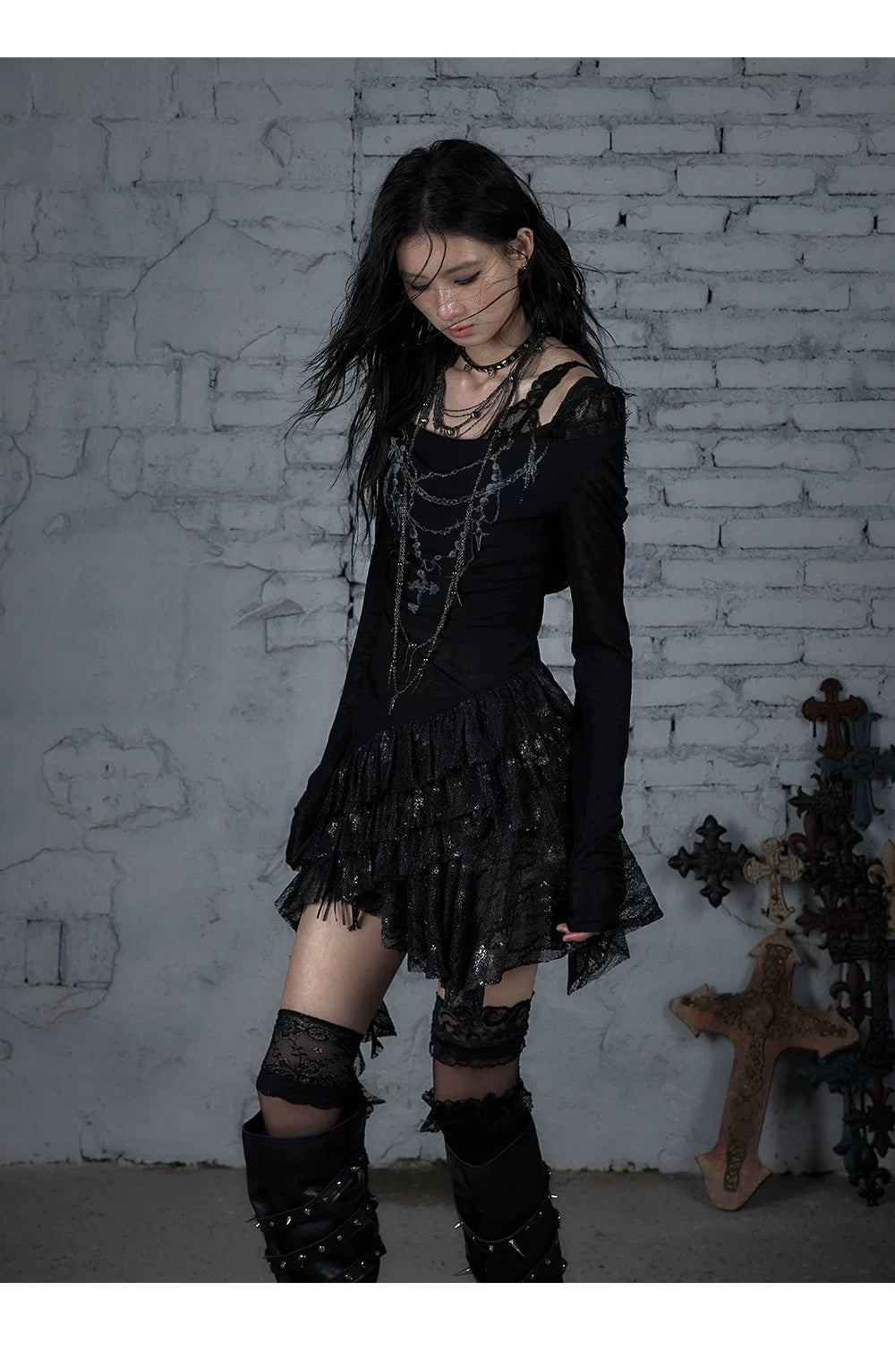 Lace Hooded Asymmetric Ruffle Dress