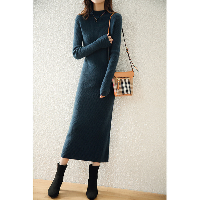 Elongated Half-Height  Wool Skirt All-Wool Dress