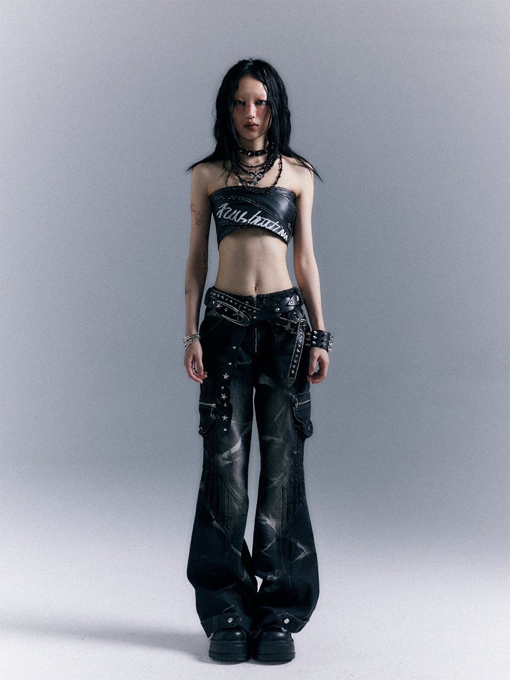 Low-Waist Studs Washed Flare Denim Jeans