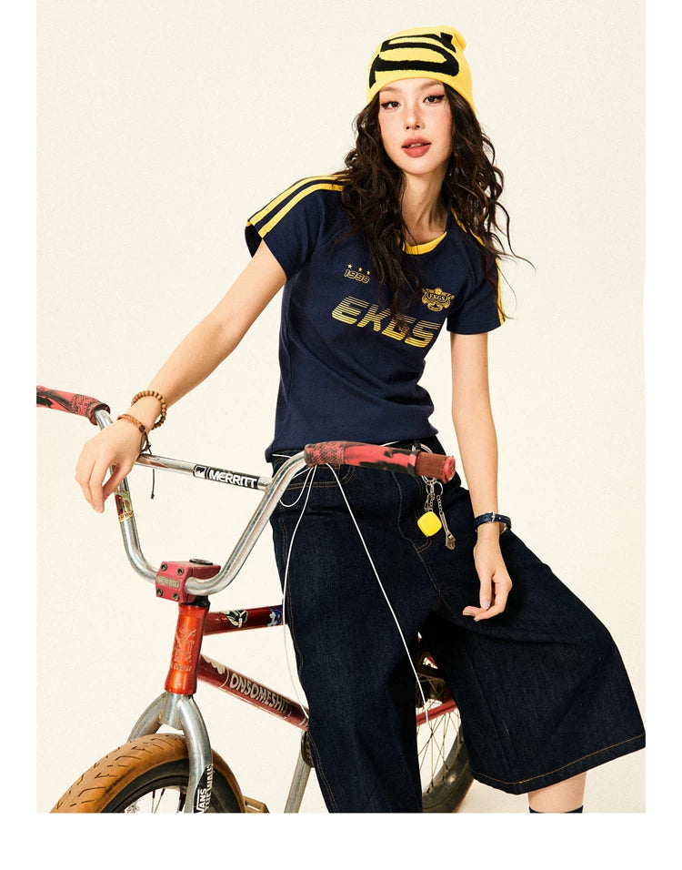 Stripe Letter Print Short Sleeve T-Shirt & Short Pants Setup