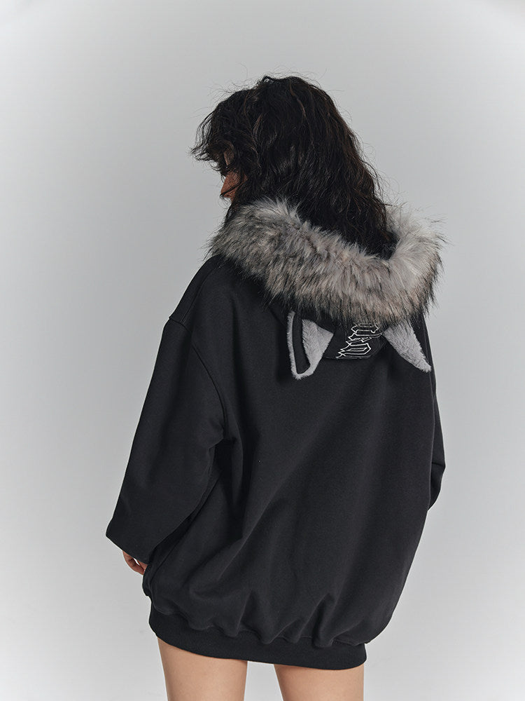Spider Web Print Fur Collar Cat Ear Oversize Zipper Hoodie