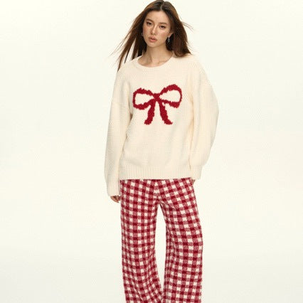 Soft Bow Plaid Pants Pajama Set