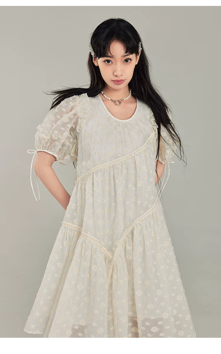 Jacquard Design Short Sleeve Dress With Irregular Hem Length