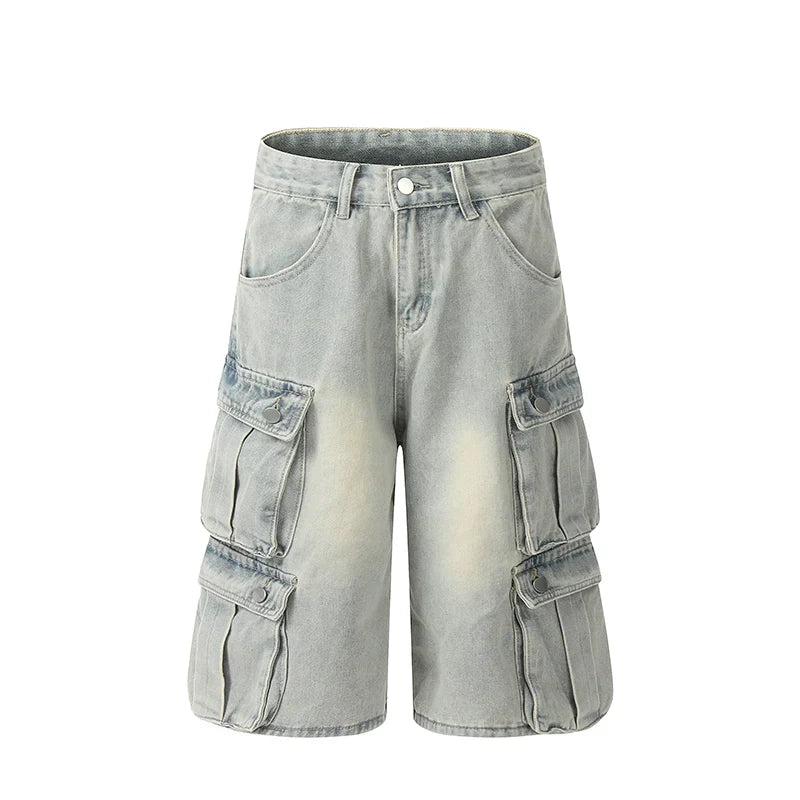 Wash Multi Pocket Ankle-length Wide Leg workwear Denim Jeans