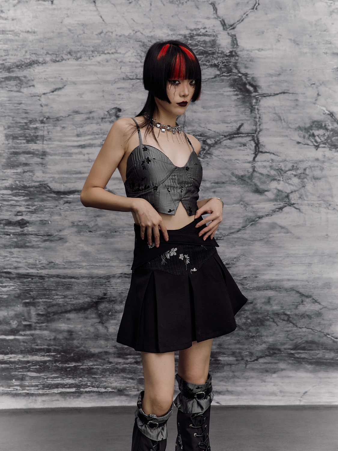Chinese Style A-Line Jacquard Pleats Short Skirt
