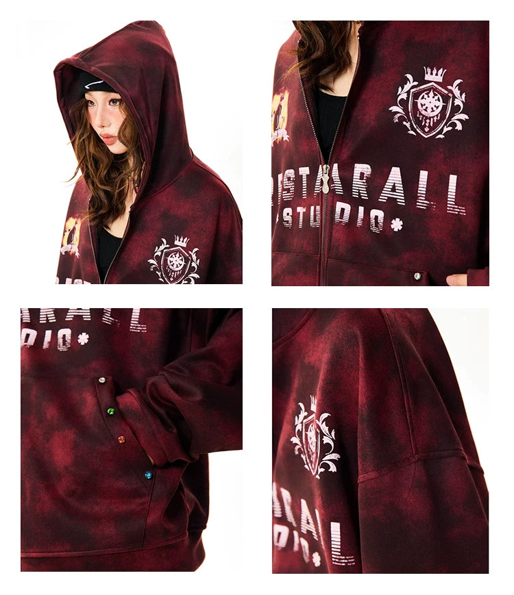Tie-Dye Letter Print Oversize Zipper Hoodie