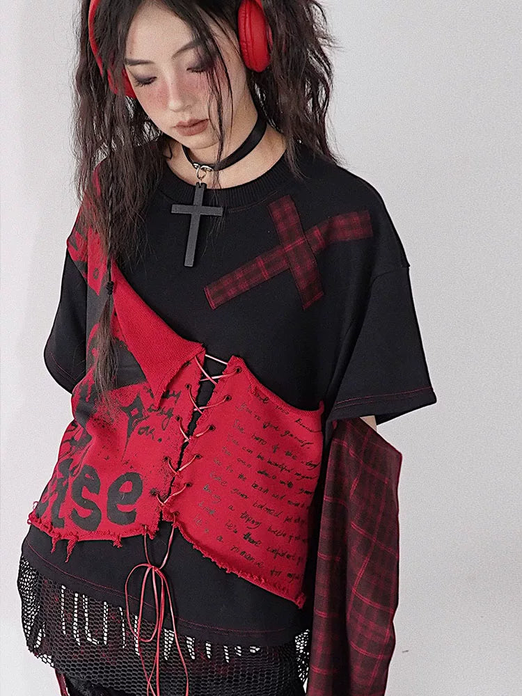 Print Plaid Patchwork Pullover Sweatshirt