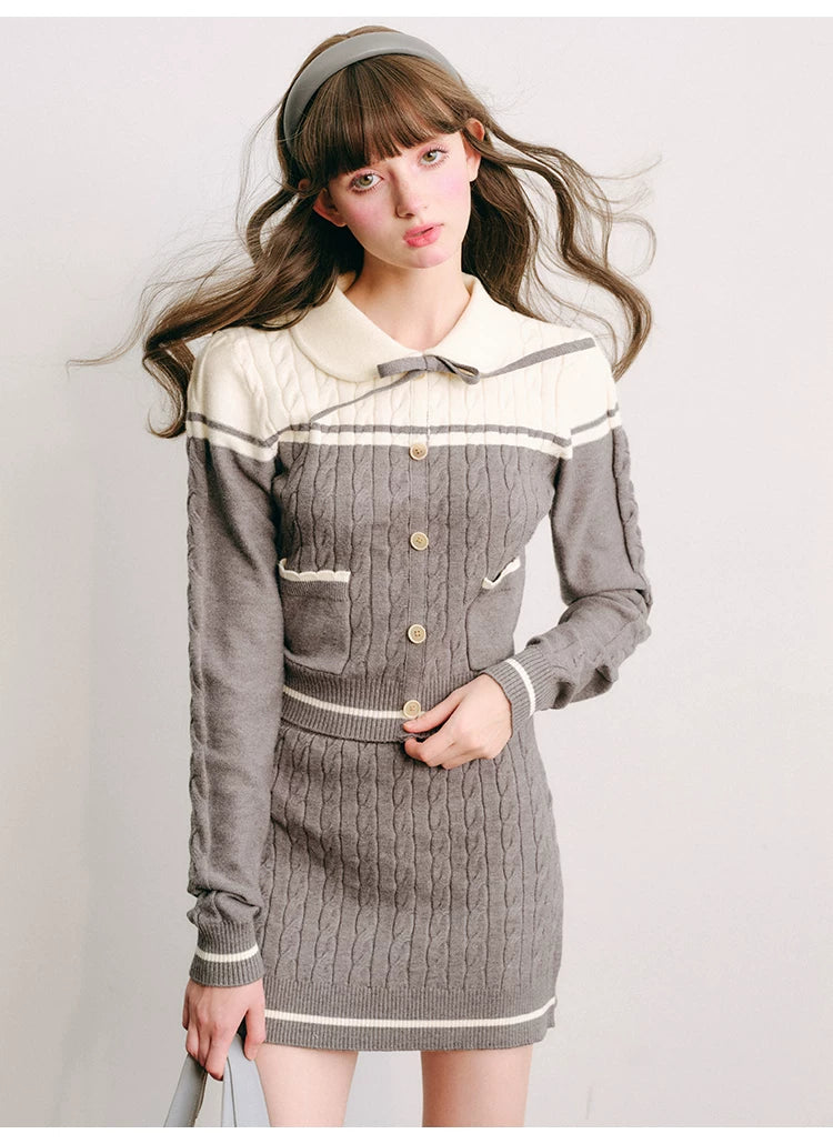 Bow Round Collar Knit Cardigan & Knit Short Skirt Setup