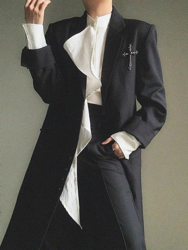 Standing-Collar Asymmetric Drape Long Sleeve Shirt
