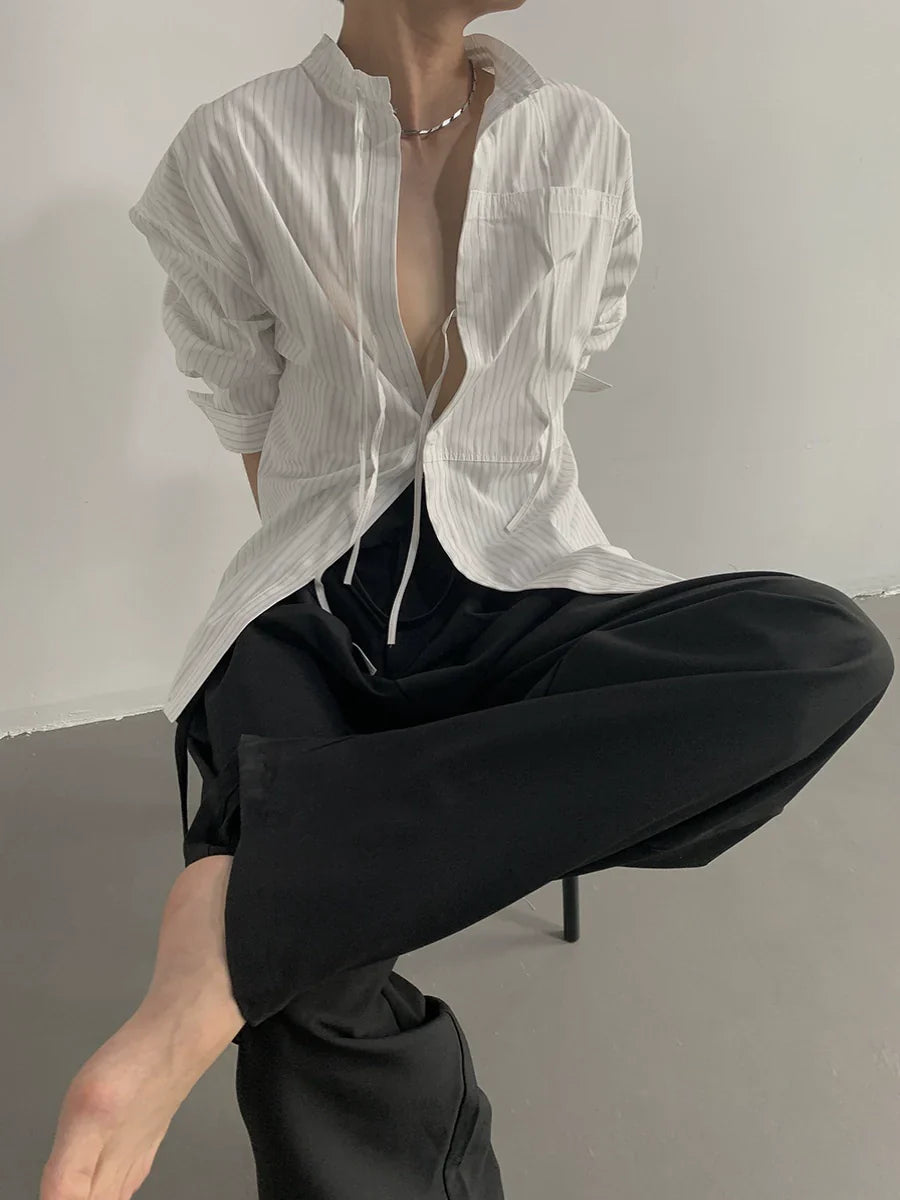 Drawstring Oversize Striped Long Sleeve Shirt