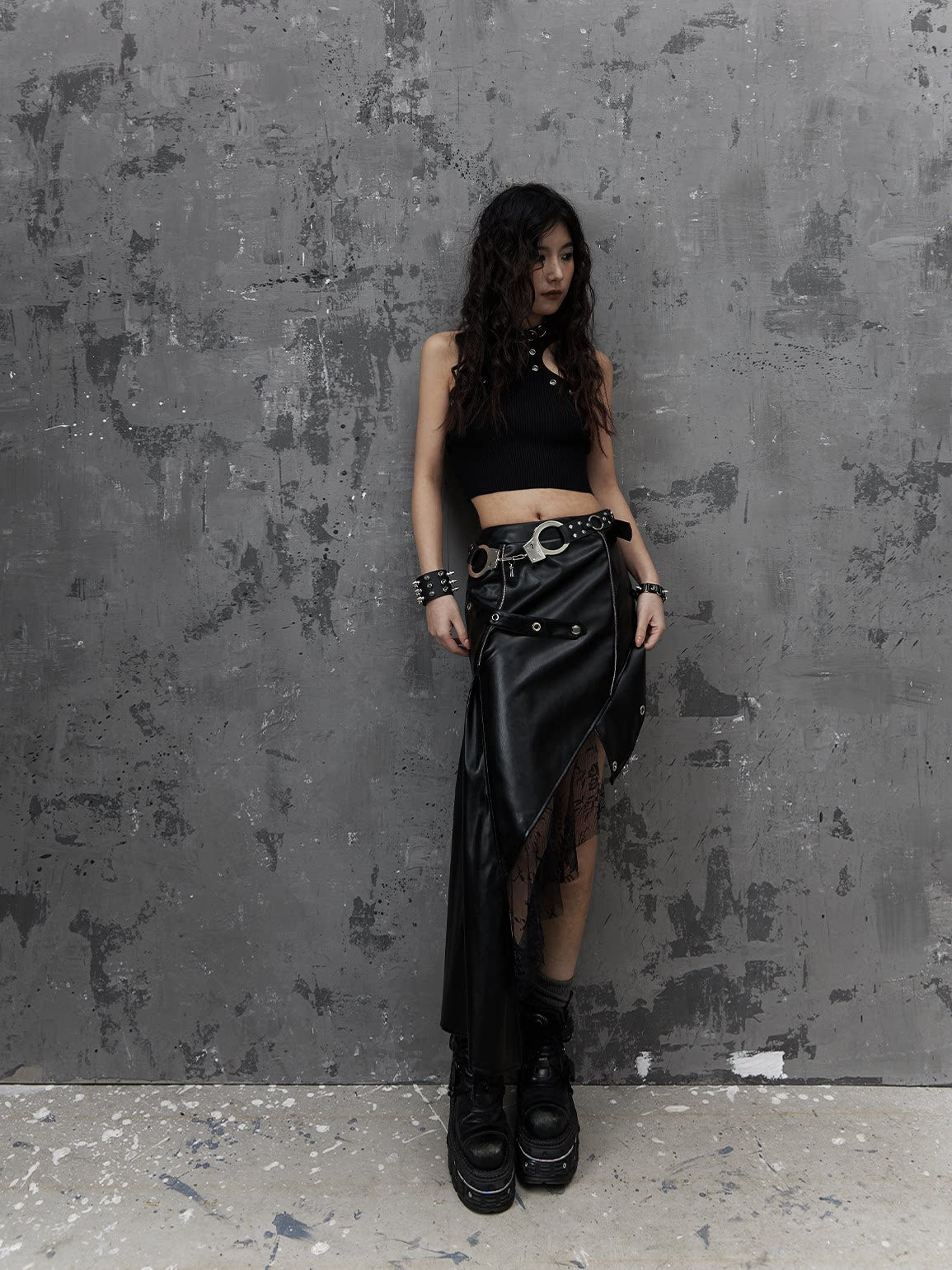 Asymmetric PU Leather Mesh Patchwork Skirt