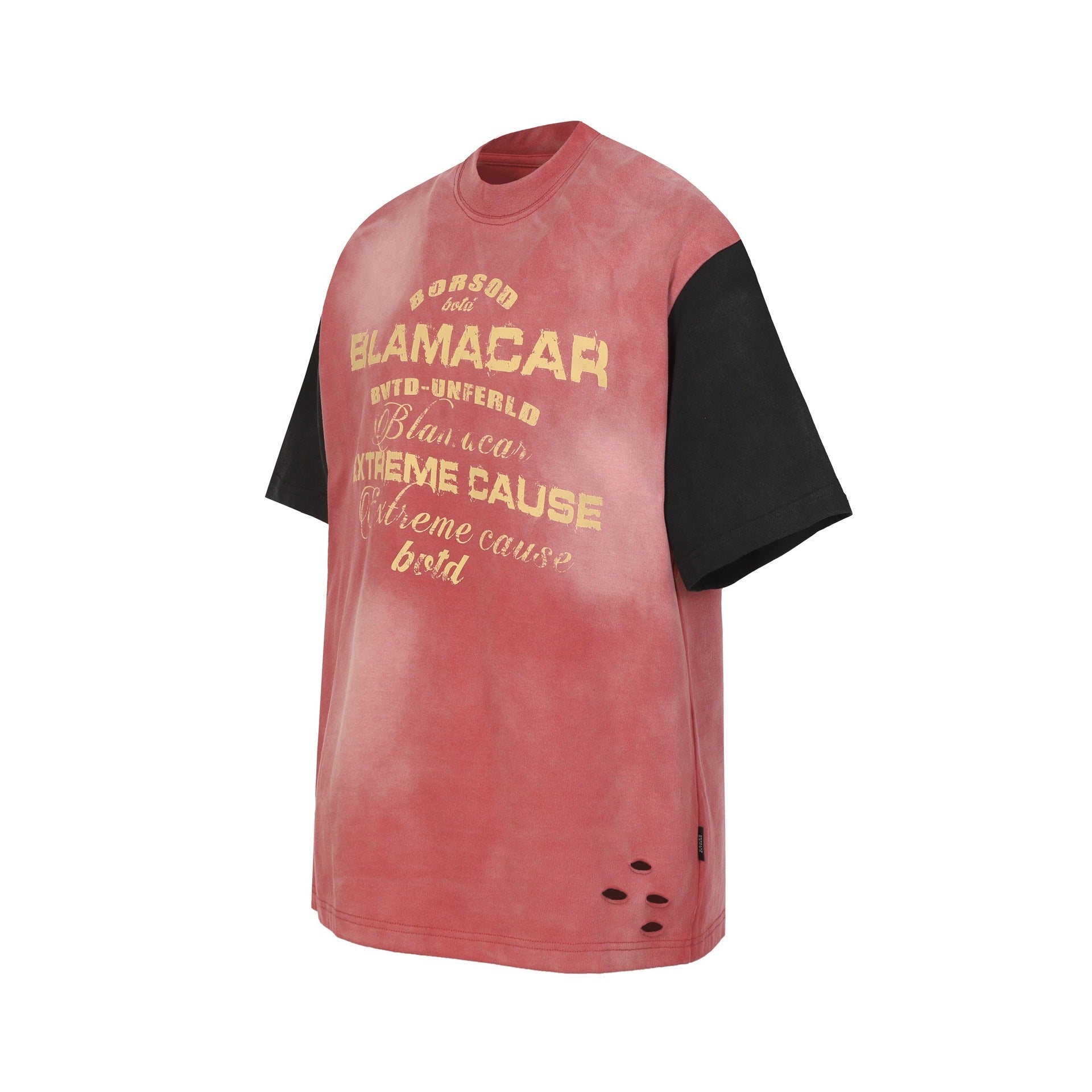 Letter Print Patchwork Wash Damage Short Sleeve T-Shirt