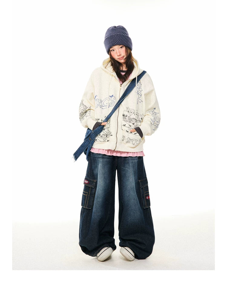 Graphic Print Oversize Zipper Hoodie