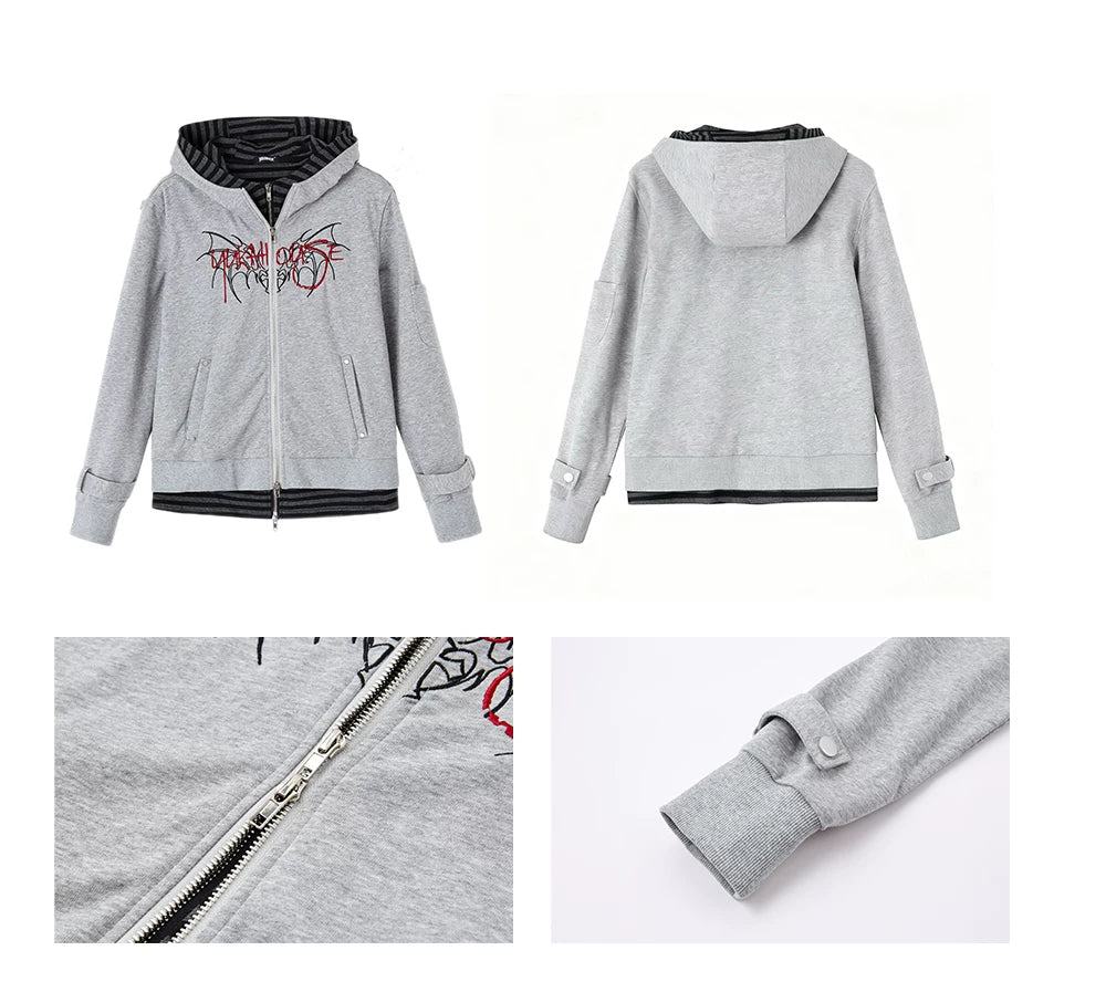 Embroidery Fake Layered Double Zipper Hoodie