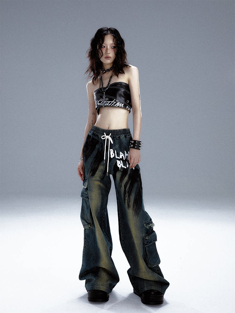 Washed Graffiti Wide-Leg Straight Dnim Jeans