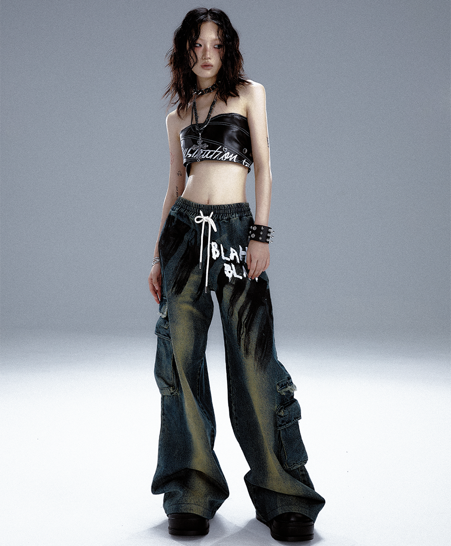 Washed Graffiti Wide-Leg Straight Dnim Jeans