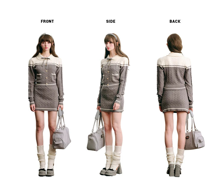 Bow Round Collar Knit Cardigan & Knit Short Skirt Setup