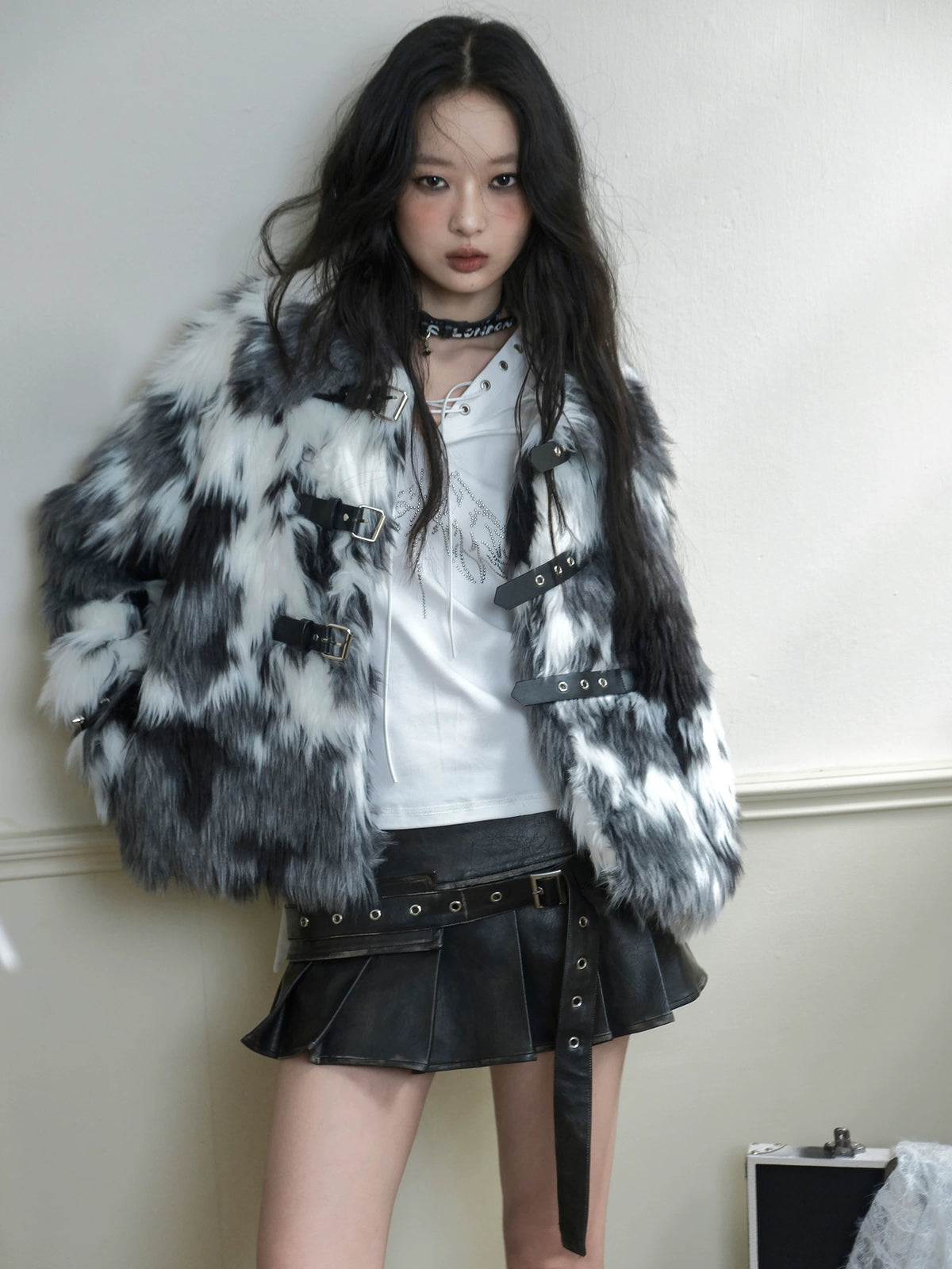 Washed Pleated PU Leather Short Skirt