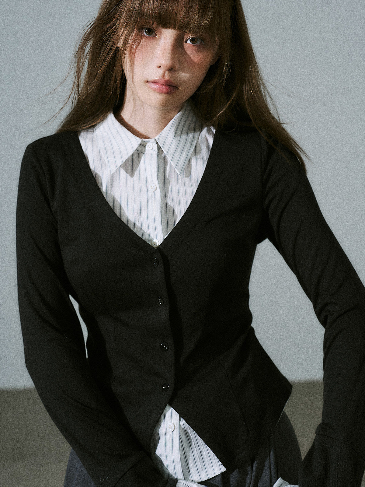 Layered Lyocell Wool Stripe Office Commuter Kinit Cardigan