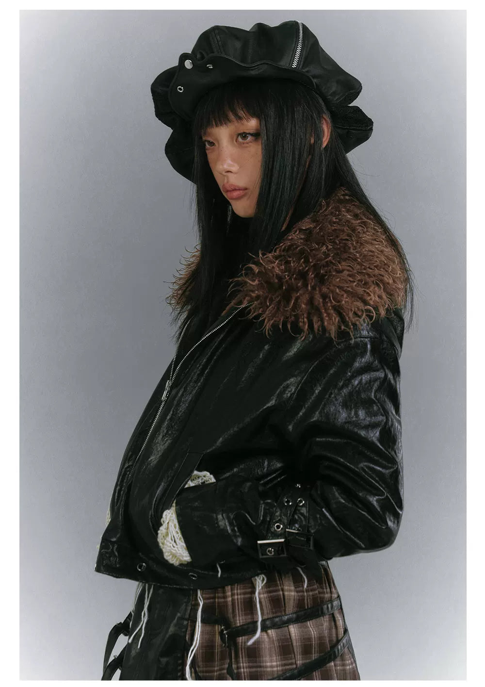 Detachable Fur Collar Glossy Padded PU Leather Jacket
