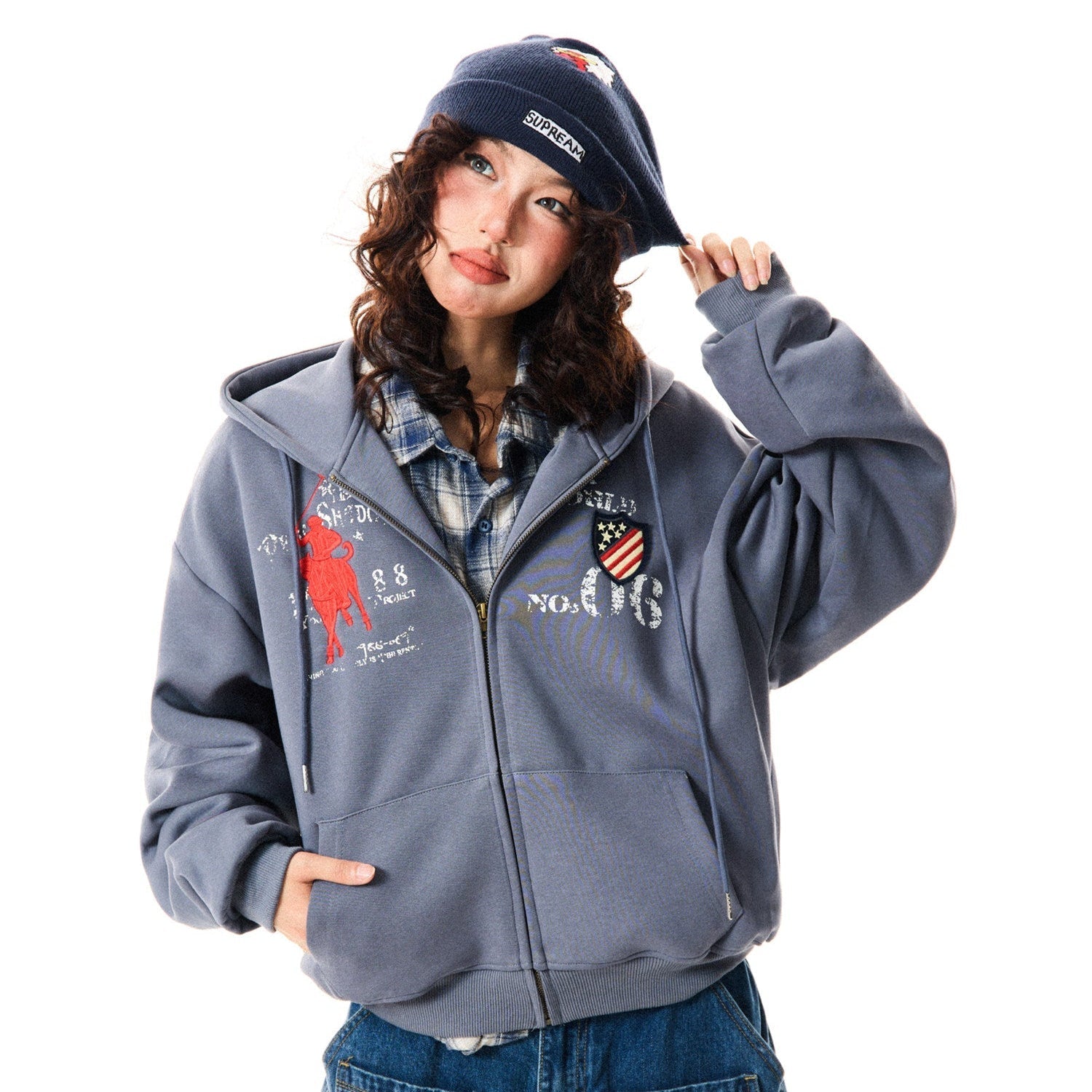 Letter Embroidery Washed Zipper Hoodie