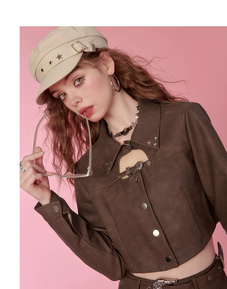 PU Leather Short Jacket & Short Pleats Skirt Setup