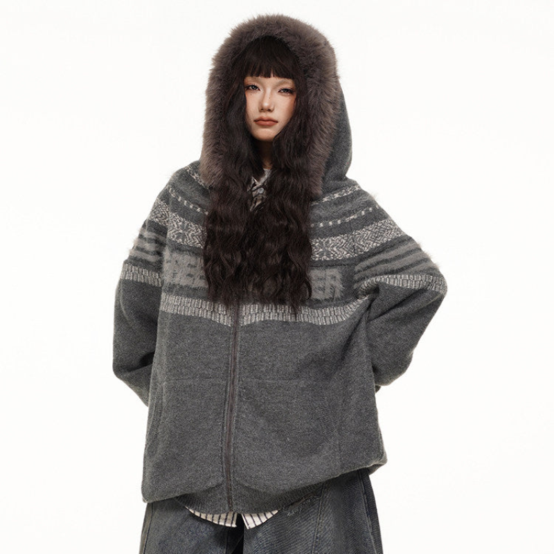 Fair Isle Hooded Detachable Fur Collar Knit Cardigan