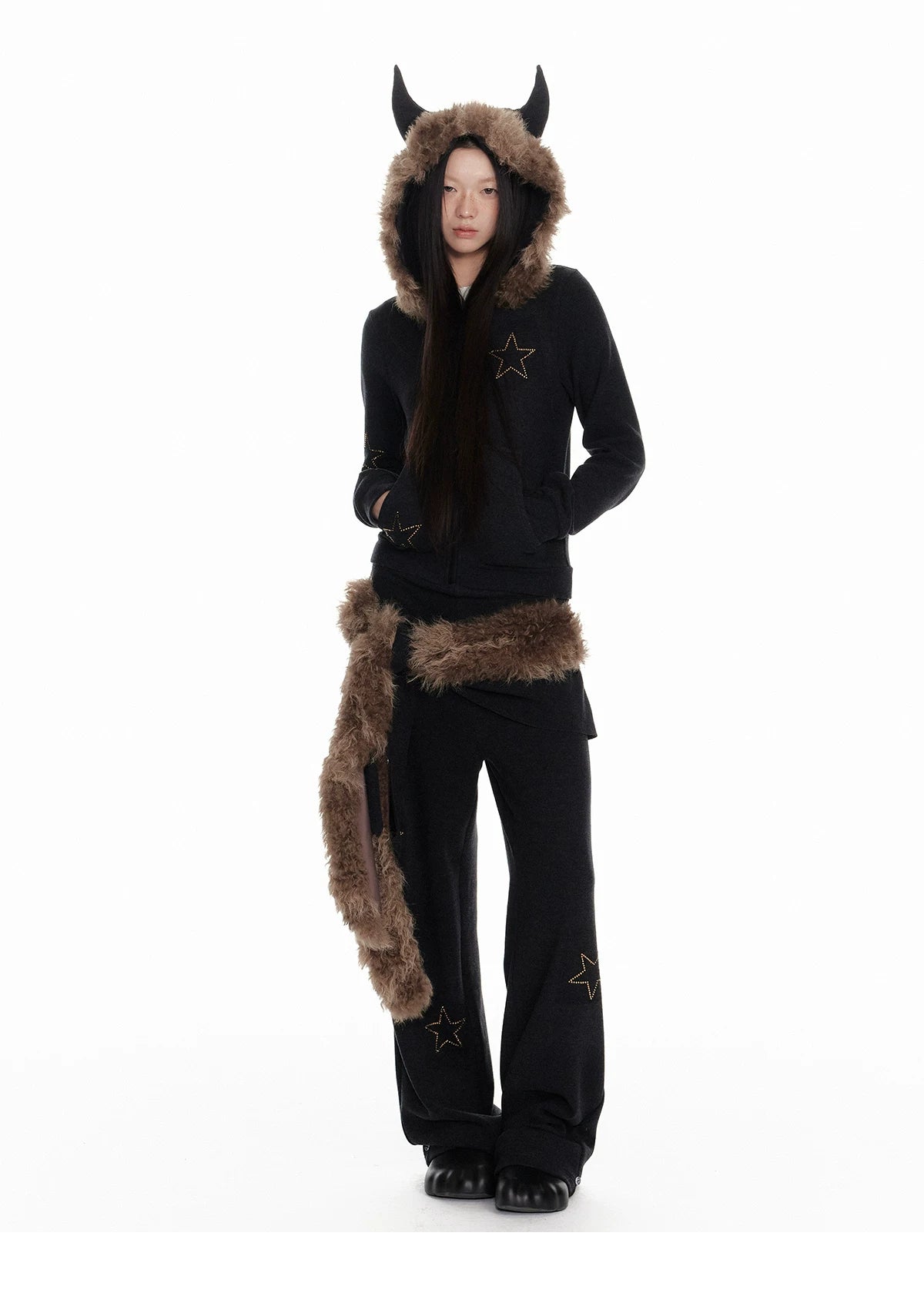 Horn Fur Collar Fuzzy Zipper Hoodie & Wide-Leg Pants Setup
