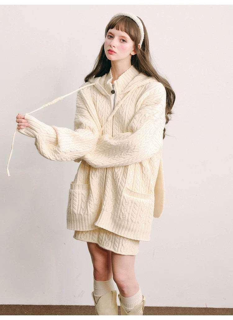 Bunny Hare Ear Hooded Zipper Knit Cardigan & Knit Skirt Setup