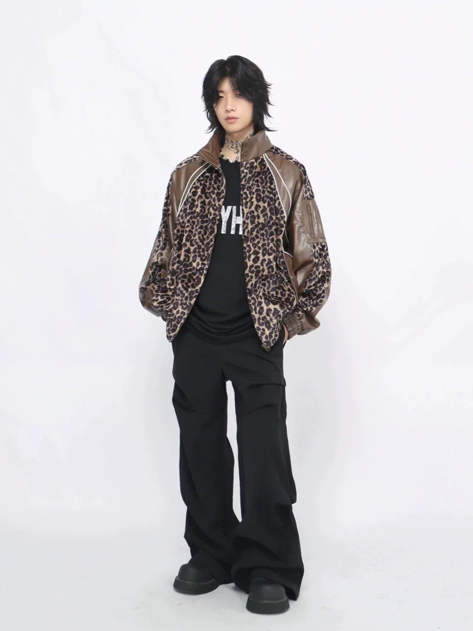 Stand Neck Leopard Print PU Leather Mix Jacket