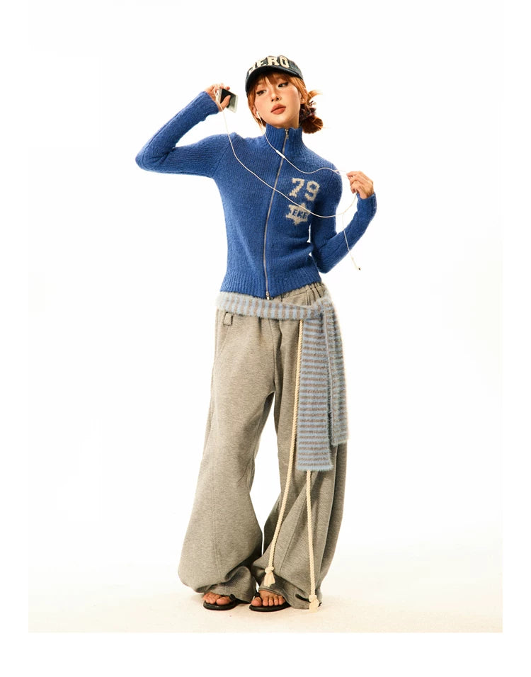 Number Patch Knit Zipper Stand Neck Cardigan