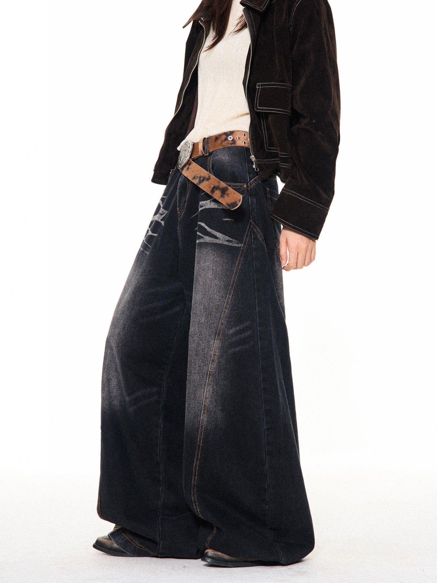 Washed Scratch Detail Wide Leg Denim Jeans