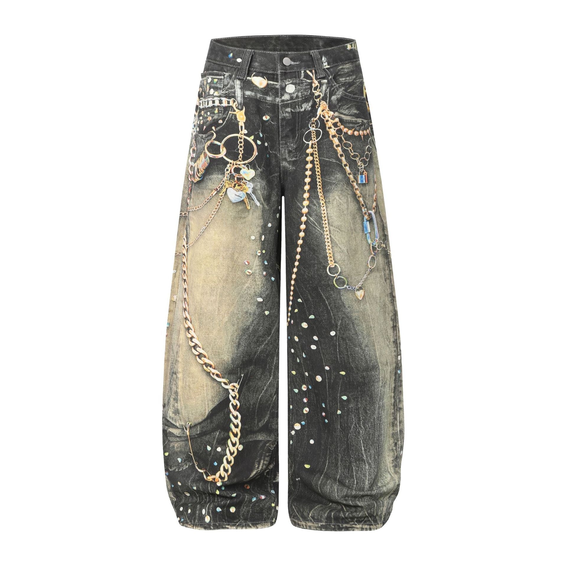 Chain Paint  3D Print Washed Wide Leg Denim Jeans