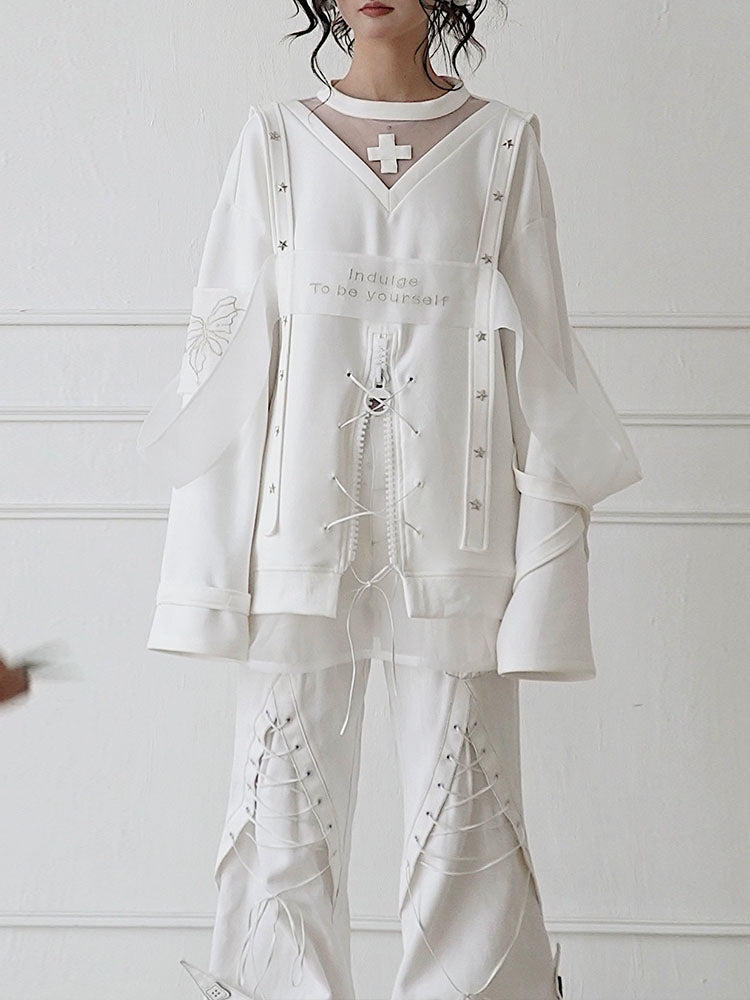 Star Design Sheer Embroidery Pullover Sweatshirt
