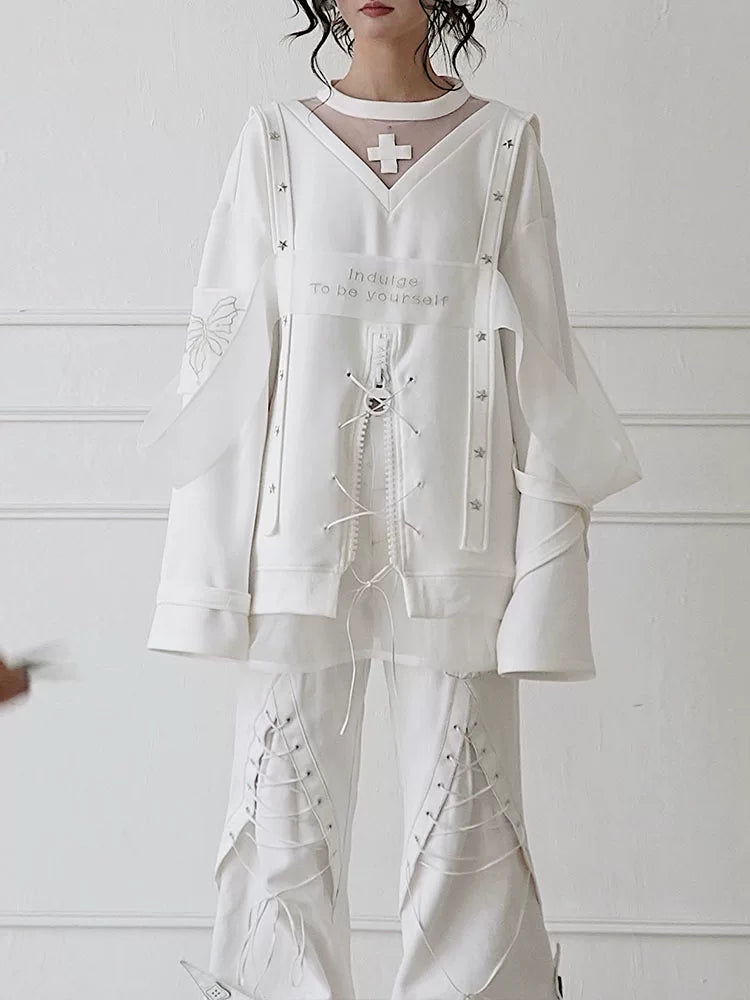 Star Design Sheer Embroidery Pullover Sweatshirt