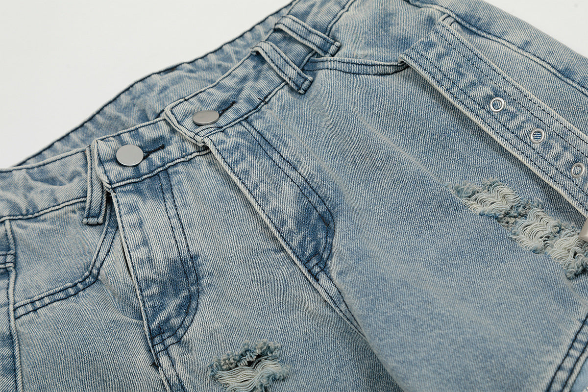 Washed Curved Multi Pocket Wide Leg Cargo Denim Jeans