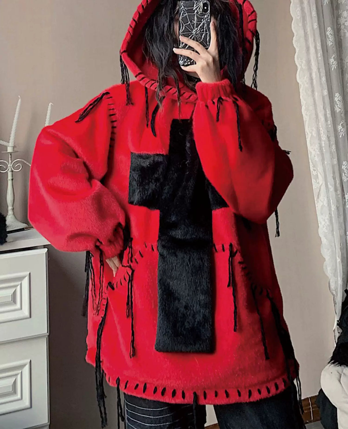 Fake Fur Hooded Cross Detail Hoodie
