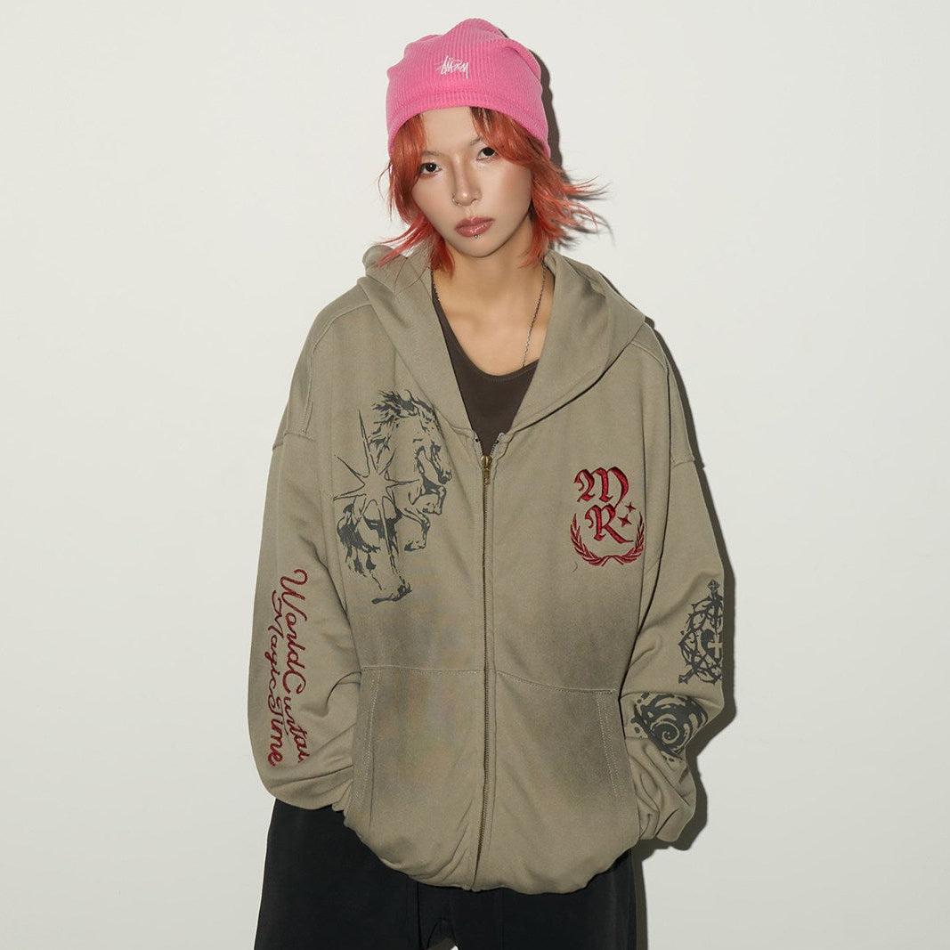 Embroidery Damage Zipper Hoodie