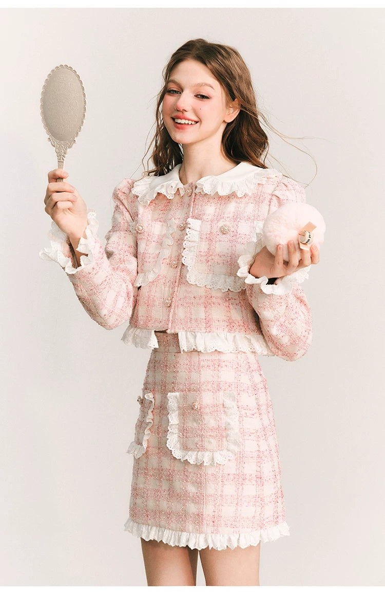 Lace Plaid Cropped Jacket & Short Lace Skirt Setup